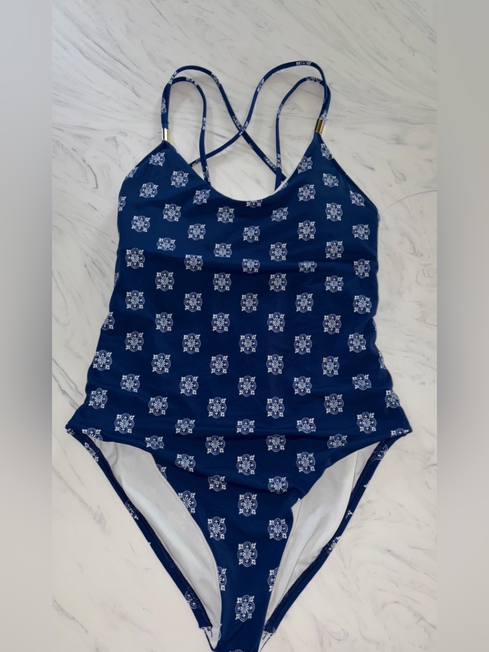 Ann Taylor blue white geometric print one piece swim suit bathing 8 new strappy